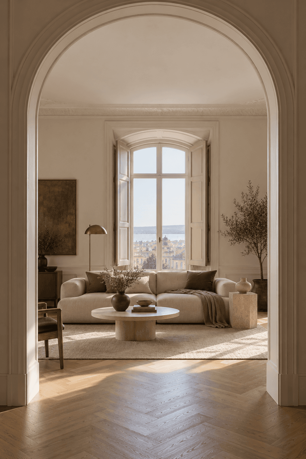 Sala luminosa vista através de uma porta em arco, com soalho de madeira clara e luz da manhã.