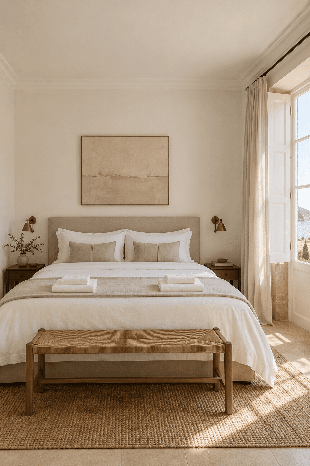 Quarto de hóspedes preparado, com roupa de cama branca e luz natural.